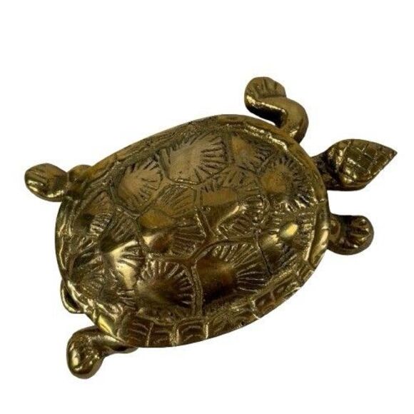 Solid Brass Turtle Trinket Jewelry Box Ashtray Hinged Lid Antique Vintage MCM - Picture 7 of 11
